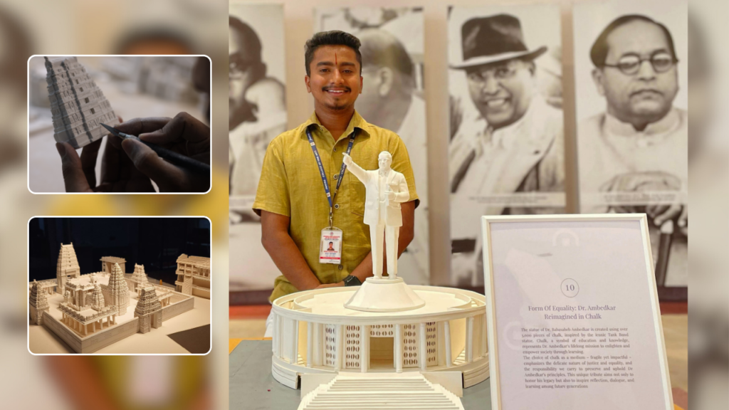 Chalk sculpture artist Suram Sampath Kumar creating miniature temple.